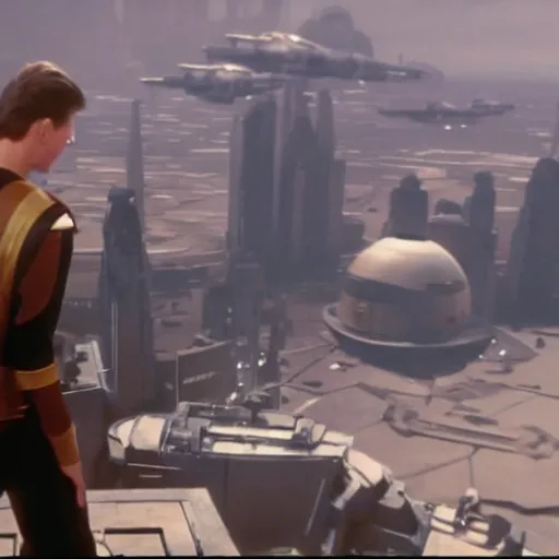 Image similar to jerma visiting coruscant, movie screenshot from star wars