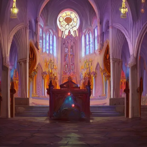 Image similar to prayers in church, intricate, elegant, fantasy, highly detailed, digital painting, concept art, sharp focus, illustration, beautiful volumetric lighting, epic light, artstation, magic hour lighting, colorful, sunshine, springtime, art by Sylvain Sarrailh