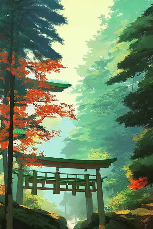 Prompt: Japanese Torii in a colorful moutain with beautiful trees ,morning , by studio ghibli painting, superior quality, masterpiece, traditional Japanese colors, by Grzegorz Rutkowski, concept art