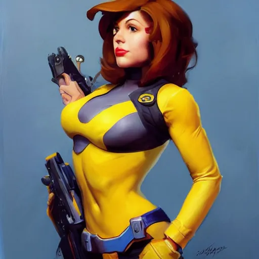 Image similar to greg manchess portrait painting of april o'neil as overwatch character, medium shot, asymmetrical, profile picture, organic painting, sunny day, matte painting, bold shapes, hard edges, street art, trending on artstation, by huang guangjian and gil elvgren and sachin teng