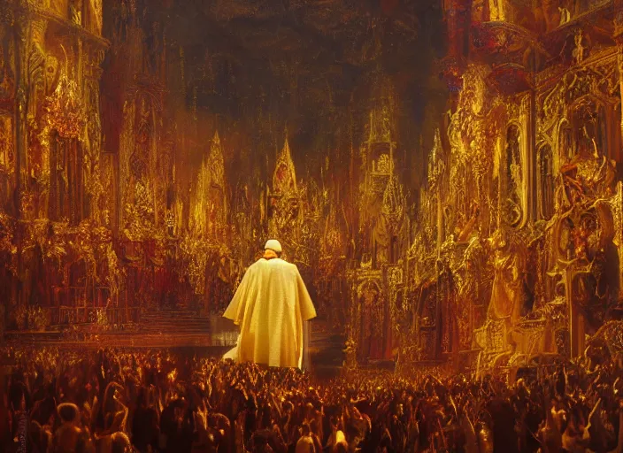 Prompt: worship of the pope, royal robe, gold trim, demons, mysticism, light effect, hyper detailed, intricate, atmospheric, elegant, photorealistic by paul lehr, hyper - real