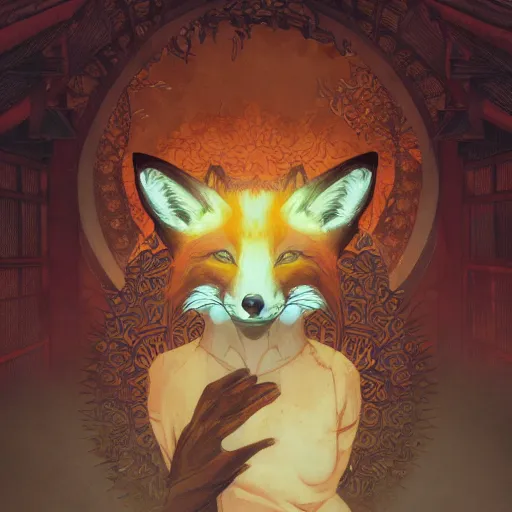 Image similar to fox animal, kumadori makeup, burning japanese temple, anime style, avatar for website, hyper realistic, rule of thirds, extreme detail, 4 k, detailed drawing, trending artstation, realistic lighting, by alphonse mucha, greg rutkowski, sharp focus, backlit