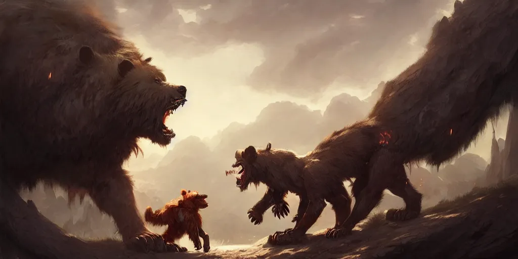 Image similar to Giant demon bear fighting a muscular gnoll. In style of Greg Rutkowski, Jesper Ejsing, Makoto Shinkai, trending on ArtStation, fantasy, great composition, concept art, highly detailed, scenery, 8K, Behance.