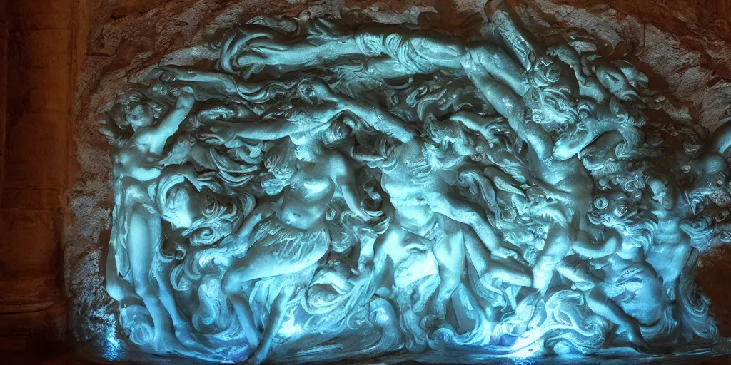 Prompt: Fontana delle Tette 1559-1560 glowpaint, rebirth symbolism, wide angle, cinematic atmosphere, elaborate, UV, Blacklight, highly detailed, dramatic lighting