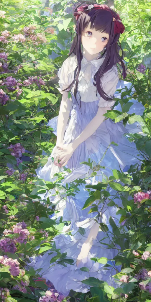 Image similar to a digital art full of atmosphere of a loli with long hair in a dress in the privet garden at after noon, green and warm theme, blue accents, low angle, back lighting, highly detailed, 4 k resolution, trending on art station, by krenz cushart and mucha and akihito yoshida and greg rutkowski and makoto shinkai