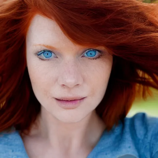 Image similar to close up portrait photo of the left side of the face of a redhead woman with blue eyes who looks directly at the camera. Slightly open mouth, face covers half of the frame, with a park visible in the background. 135mm nikon. Intricate. Very detailed 8k. Sharp. Cinematic post-processing. Award winning photography