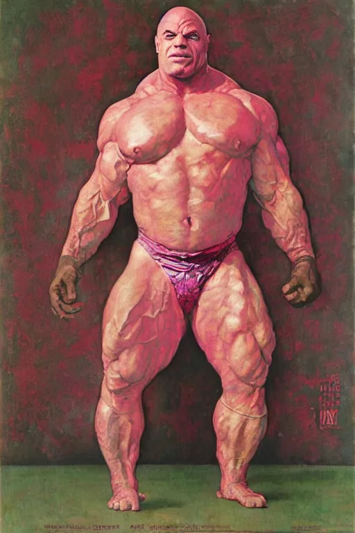 Image similar to full body portrait of morgan aste as huge pink hulk wearing trousers, simple background, painted by jack kirby, lawrence alma tadema, norman rockwell, greg staples, wayne barlow, jacob collins, tom lovell, frank schoonover, neville page