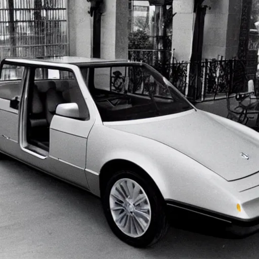 Prompt: Photograph of a tesla car produced in the 80s.