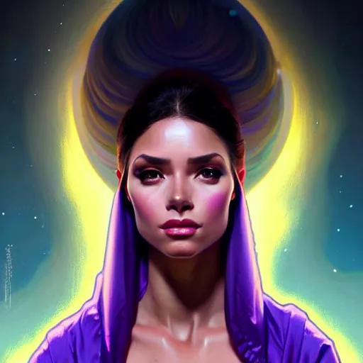 Image similar to Portrait of very very very very very very beautiful Latina woman, spacesuit, purple eyes, intricate, elegant, highly detailed, digital painting, artstation, concept art, smooth, sharp focus, illustration, art by artgerm and greg rutkowski and alphonse mucha