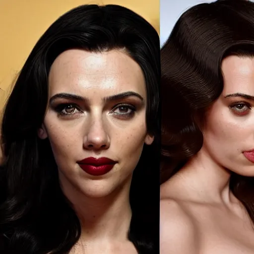 Image similar to a woman who is a genetic combination of kim kardashian and kat dennings and scarlett johansson and margot robbie and emma watson, face and upper - body focus, detailed eyes