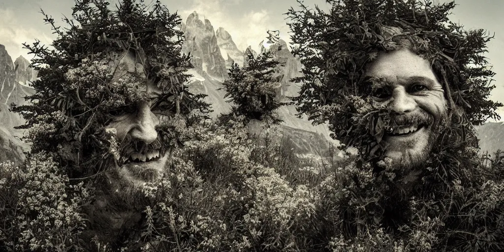 Image similar to old alpine famers head being overgrown by edelweiss, smiling, dolomites in background, dark, eerie, despair, portrait photography, artstation, adward winning, artstation, highly detailed, sharp focus, by caravaggio