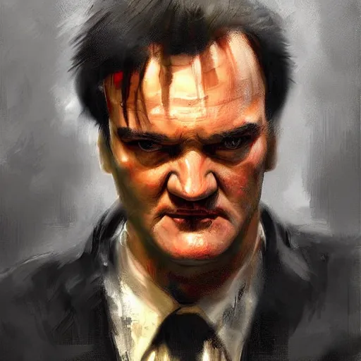 Image similar to A realistic hyperdetailed wide-shot digital oil portrait painting of an quentin tarantino in the style of Guy Denning, Ruan Jia, and Craig Mullins. Trending on ArtStation, DeviantArt, and Instagram. CGSociety Digital art. quentin tarantino.