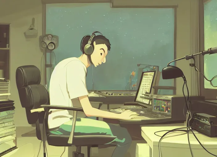 Image similar to man with headphones at his home studio producing music late at night, very detailed, 4 k, cory loftis, james gilleard, atey ghailan, makoto shinkai, goro fujita, studio ghibli, rim light, exquisite lighting, clear focus, very coherent, masterpiece