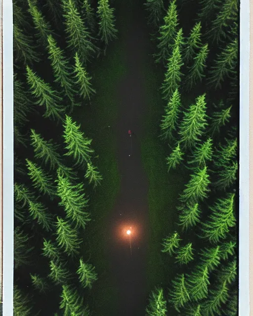 Image similar to werewolf in forest at night, shot from drone, grainy, polaroid