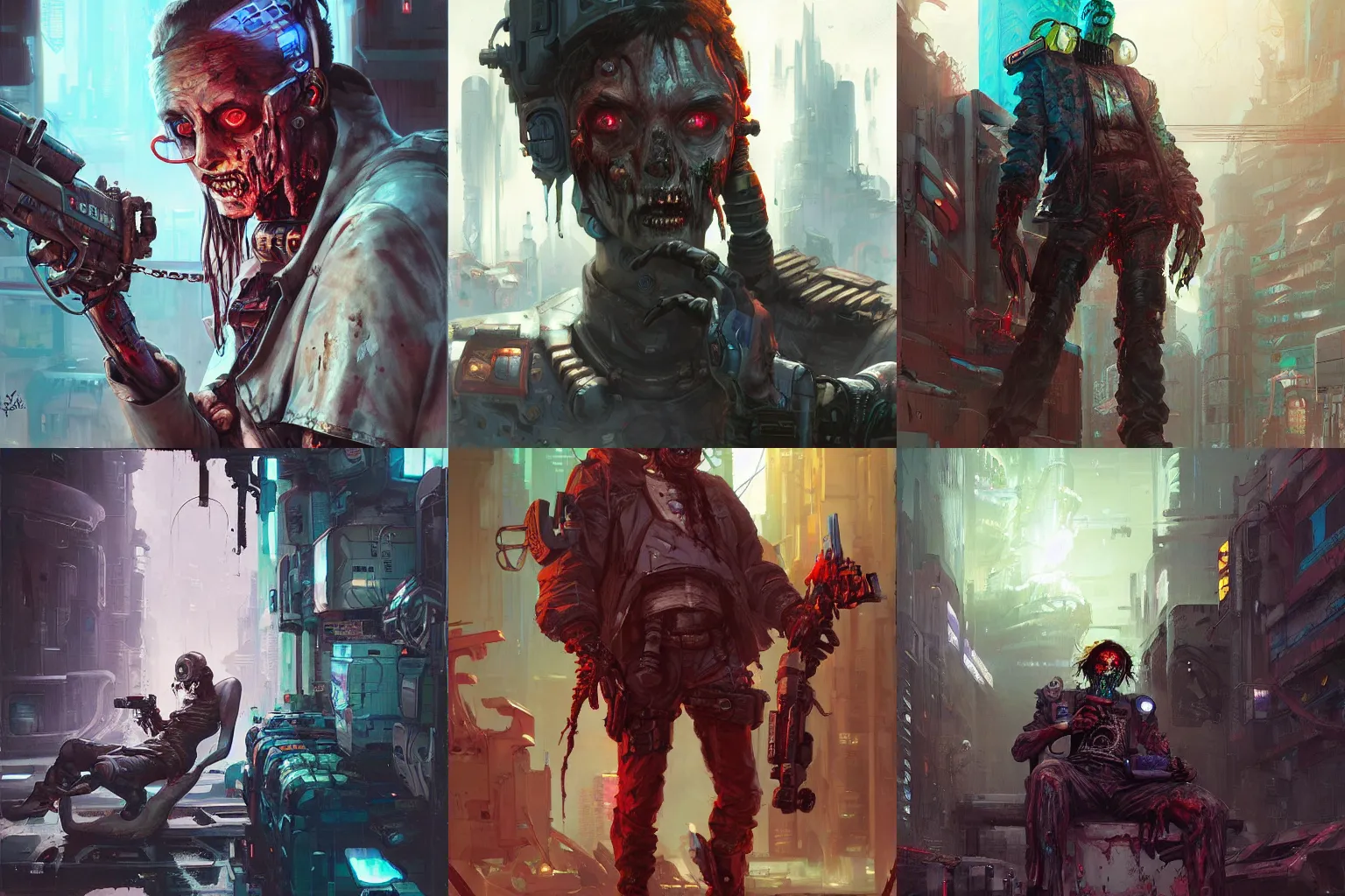 Prompt: portrait of a cyberpunk zombie in a scenic environment by jesper ejsing and eddie mendoza, cyberpunk