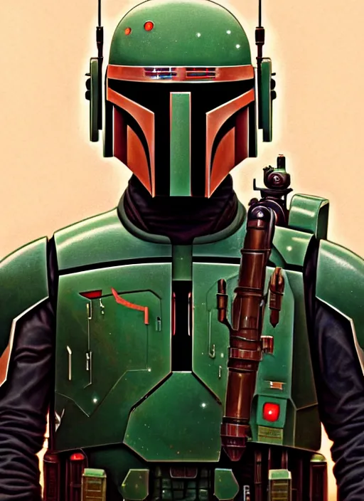 Image similar to symmetry!! portrait of boba fett, sci - fi, tech wear, intricate, elegant, highly detailed, digital painting, artstation, concept art, smooth, sharp focus, illustration, art by artgerm and greg rutkowski and alphonse mucha