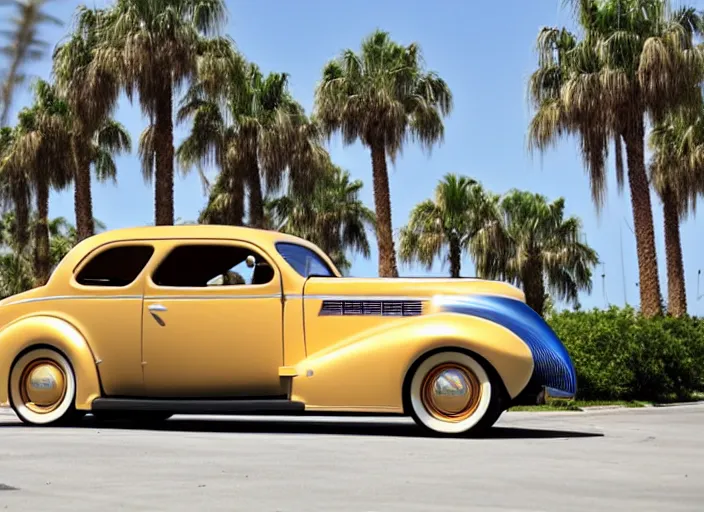 Prompt: 1 9 3 7 pontiac sedan, two tone, tan, palm trees in the background