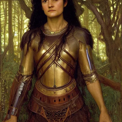 Image similar to a detailed, beautiful portrait oil painting of keisha castle hughes, with a hurt expression, wearing intricate, etched copper armor in an ancient forest, by donato giancola, john williams waterhouse, and william adolphe bouguereau