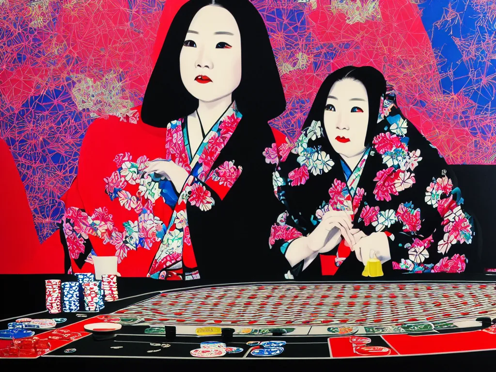 Image similar to hyperrealistim composition of the detailed single woman in a japanese kimono sitting at a extremely detailed poker table with hyperdetailed darth vader, fireworks, mountain fuji on the background, pop - art style, jacky tsai style, andy warhol style, acrylic on canvas