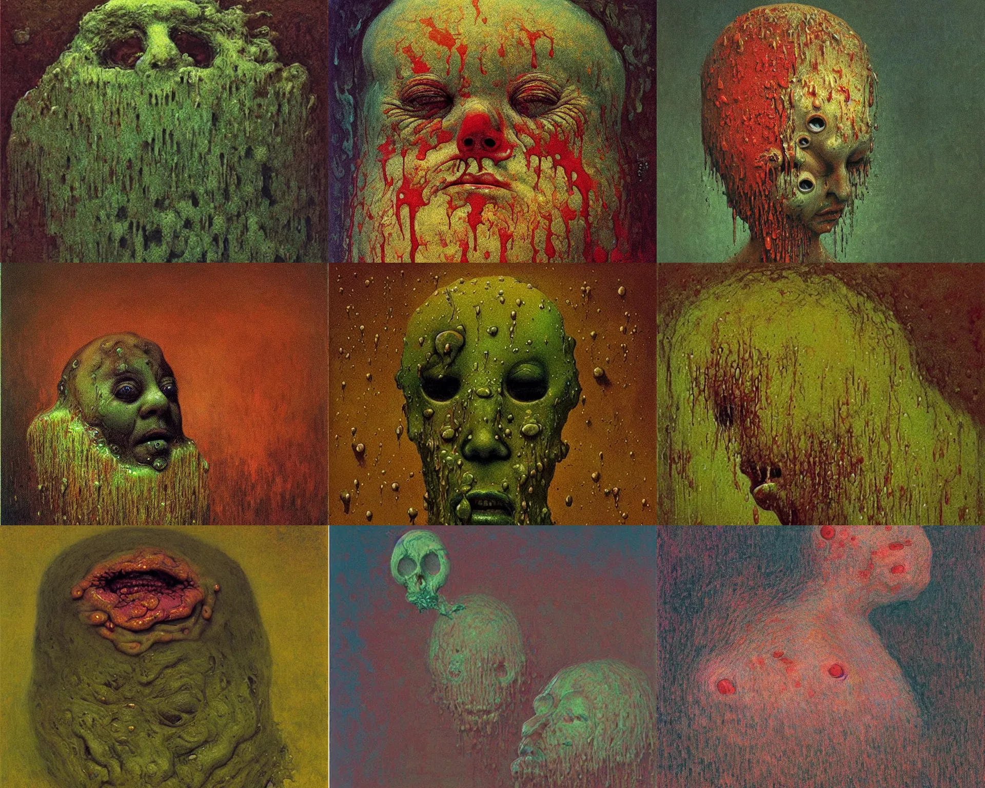 Prompt: portrait of a sperson melting collapsing. face made of blobs, slime, goop, melting and dripping. eerie, strange, stupid, ugly, cute. zdislaw beksinski, impressionist painting, claude monet, melting wax