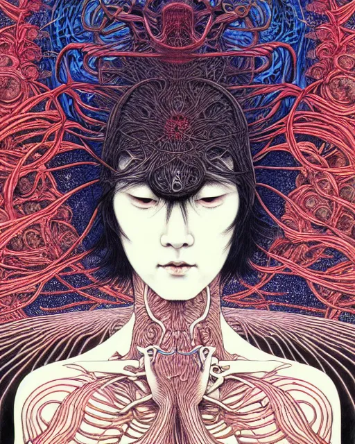 Prompt: human spirit breaking away from the body, conjuring psychedelic background, part by takato yamamoto, part by alex gray, ross tran, james jean, ultra realistic, highly detailed, 8 k, trending on artstation, symmetry