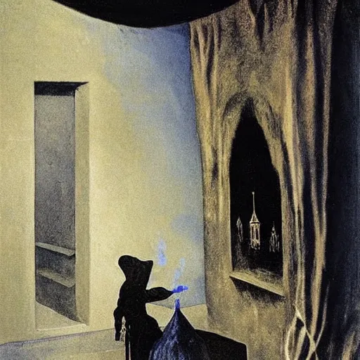 Prompt: An old wrinkled witch dressed in black stirring her cauldron. El Greco, Remedios Varo, Salvador Dali, Carl Gustav Carus, John Atkinson Grimshaw. Blue tint. Symetrical, logo, geometric shapes.