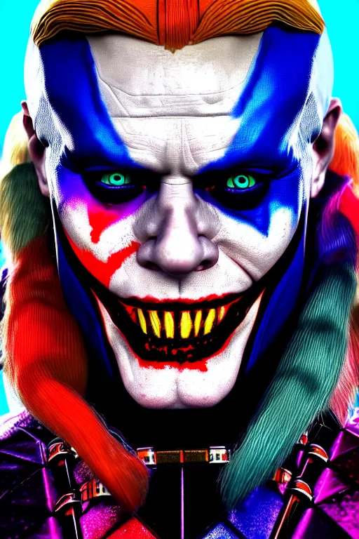 Image similar to portrait of williem dafoe as a harley quinn in suicide squad. intricate abstract. intricate artwork. by tooth wu, wlop, beeple, dan mumford. octane render, trending on artstation, greg rutkowski very coherent symmetrical artwork. cinematic, hyper realism, high detail, octane render, 8 k, iridescent accents