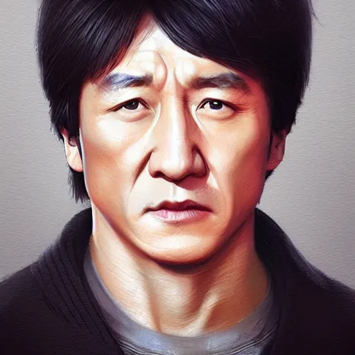 Image similar to “Portrait of young Jackie Chan by Greg Rutkowski, young, manly, attractive, strong, older brother vibes, highly detailed portrait, scifi, digital painting, artstation, concept art, smooth, sharp foccus ilustration, Artstation HQ”