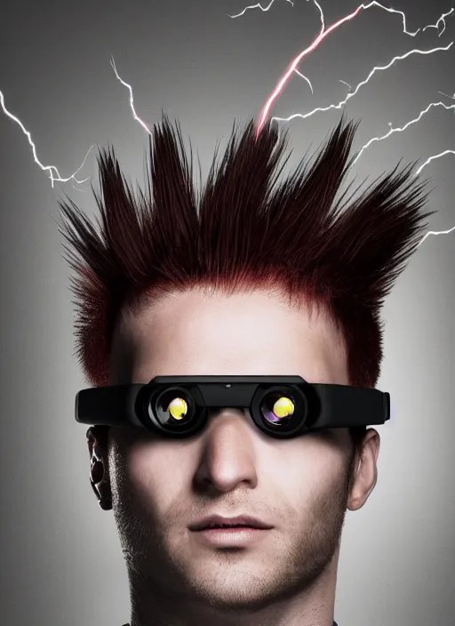 Image similar to photorealistic young man with red spiked long hair, using googles. Wearing black waistcoat, white shirt. rockstar. dynamic lightning. rpg portrait