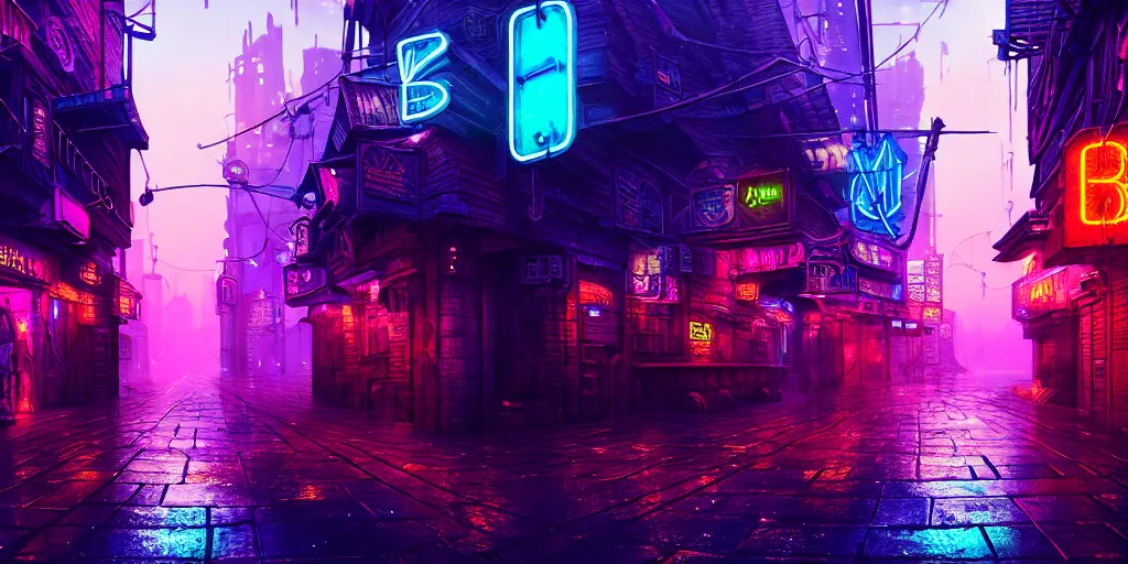 Image similar to fantasy medieval cyberpunk townscape, rain, neon signs, cinematic establishing shot, purple teal blue white pink orange color scheme, sharp focus, very realistic, photorealistic, intricately detailed, finely textured, cgsociety