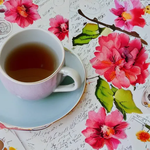 Prompt: postcard with cup of tea, flowers and wishes of an excellent day