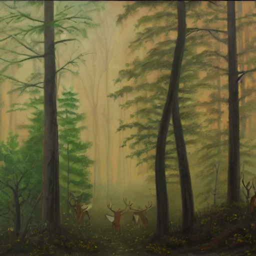 Image similar to an oil painting of a foggy forest with a spring and a deer