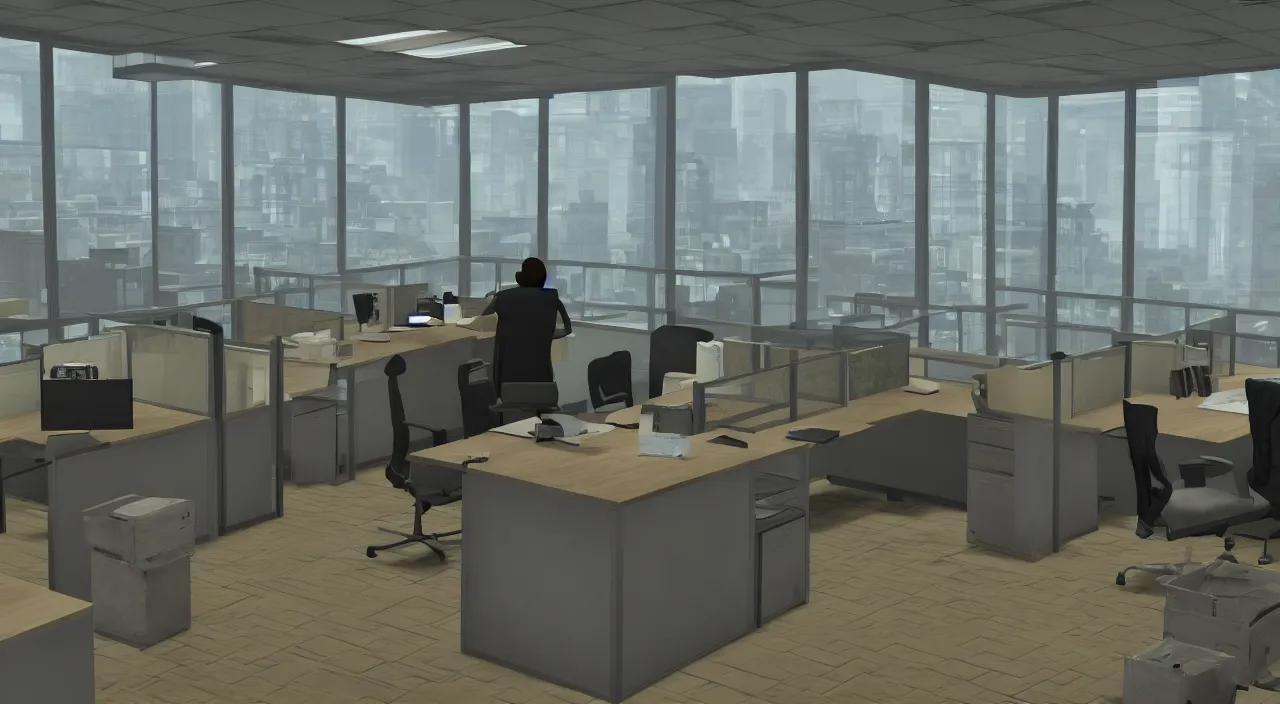 Image similar to A man in the office at 3AM with multiple cubicles and a window that provides a view of the city, Source Engine, Gmod, Half Life 2