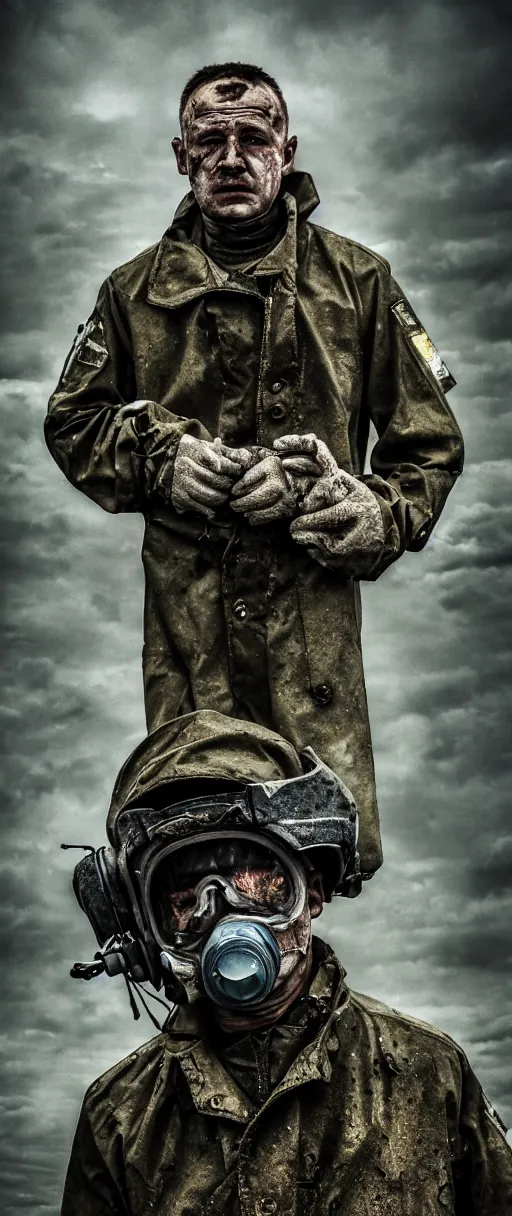 Image similar to an award winning portrait photo of chernobyl liquidator, postapocalyptic, 4 k, high quality, sharp focus