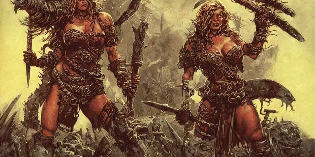 Image similar to heroquest cover art depicting female barbarian by Les Edwards, high quality