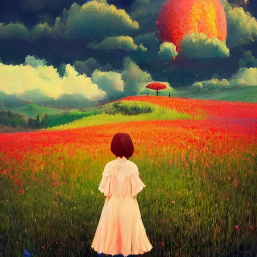 Image similar to girl with singular giant flower as a face, surreal photography, dream, dress flowing into flower field, hills, big trees, sunrise dramatic light, impressionist painting, colorful clouds, digital painting, pointillism, artstation, simon stalenhag