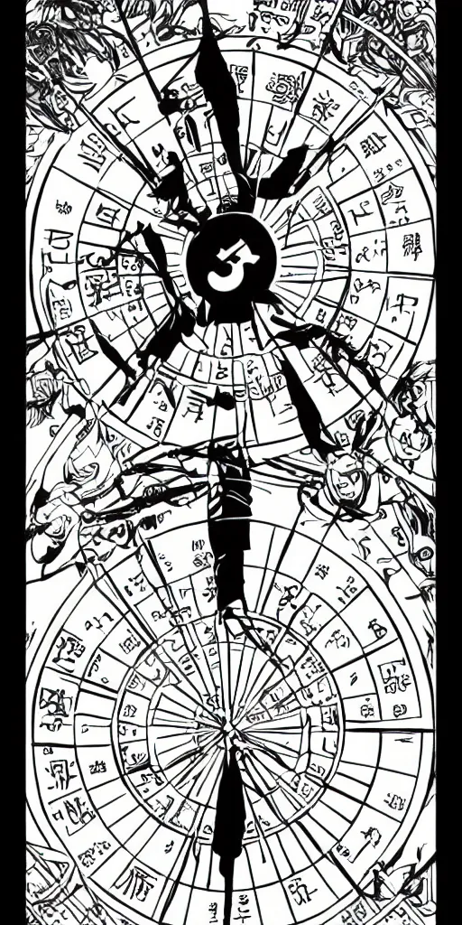 Image similar to Wheel of Fortune tarot card by a famous anime artist, clean and sharp lines, minimalistic, taoist