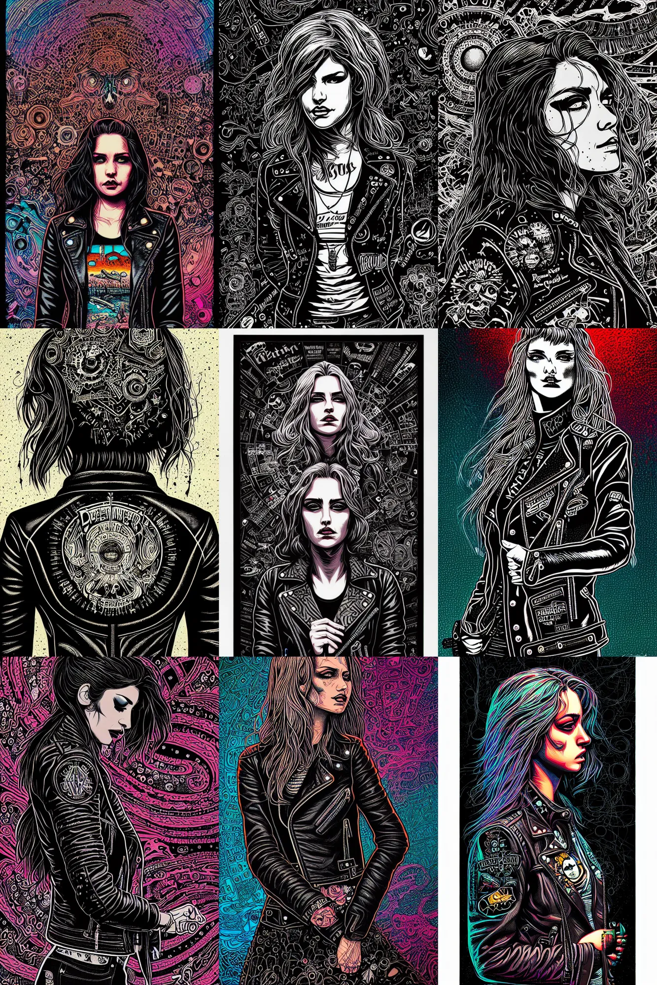 Prompt: dreamy rock girl, black leather jacket, detailed acrylic, grunge, intricate complexity, by dan mumford