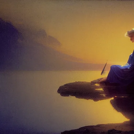 Image similar to a young woman's face, her hair is white and she wears a cobalt blue satin cloak, by ivan aivazovsky and syd mead and moebius and gaston bussiere and roger dean and pieter claesz and paul delaroche and alma tadema and aelbert cuyp and gabriel metsu, hyperrealistic, volumetric light, octane render