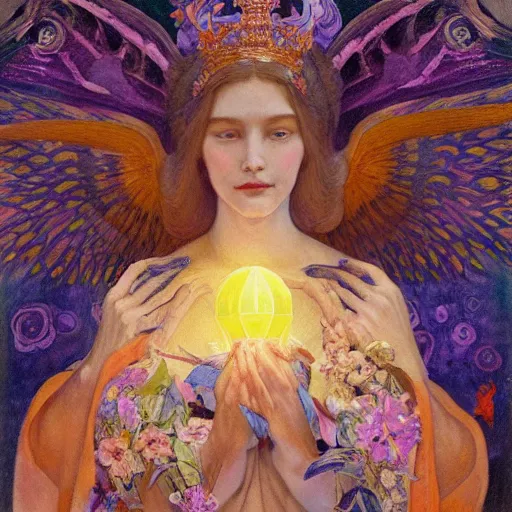 Image similar to queen of the dawn with her wings and her lantern, by Annie Swynnerton and Nicholas Roerich and Diego Rivera, flowing robes, bioluminescent skin, floral tattoos, elaborate costume, geometric ornament, symbolist, soft colors, smooth, sharp focus, extremely detailed