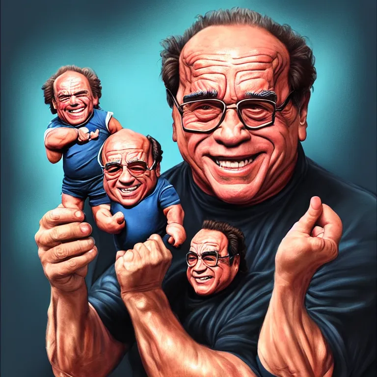 Image similar to Portrait of Danny DeVito holding a miniature Arnold Schwarzenegger gently in his hands, highly detailed, concept art, illustration, cinematic, artstation, digital painting, mystical, zen