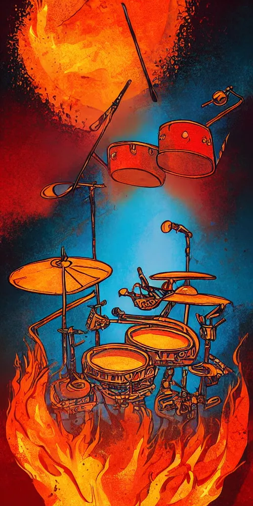 Prompt: Beautiful illustration depicted a heavy metal drummer playing on drums::lava and fire around::art by Petros Afshar and Robert Kirkman