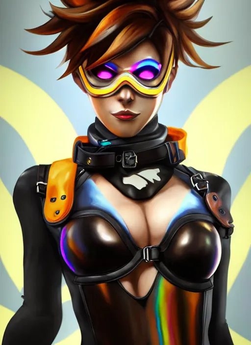 Image similar to oil painting digital artwork of tracer overwatch, confident pose, wearing black iridescent rainbow latex, 4 k, expressive happy smug expression, makeup, in style of mark arian, wearing leather collar, wearing sleek armor, black leather harness, expressive detailed face and eyes,