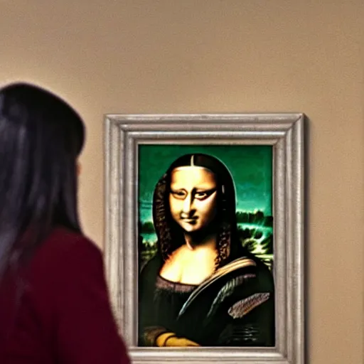 Image similar to an photo of monalisa watching her self in her monalisa painting