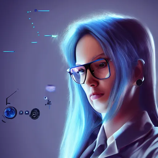 Prompt: Hot young woman, mad scientist, wearing lab coat and a button down blouse, wearing glasses, long blue hair, cybernetic eye, robotic left arm, nanopunk, futuristic, hyperdetailed, digital art, artstation, concept art, 4k, 8k