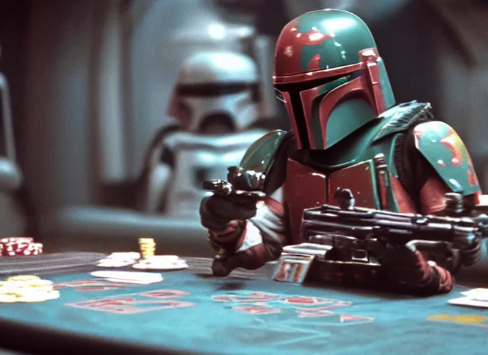 Image similar to film still of Boba Fett gambling in vegas in Star Wars The Empire Strikes Back,