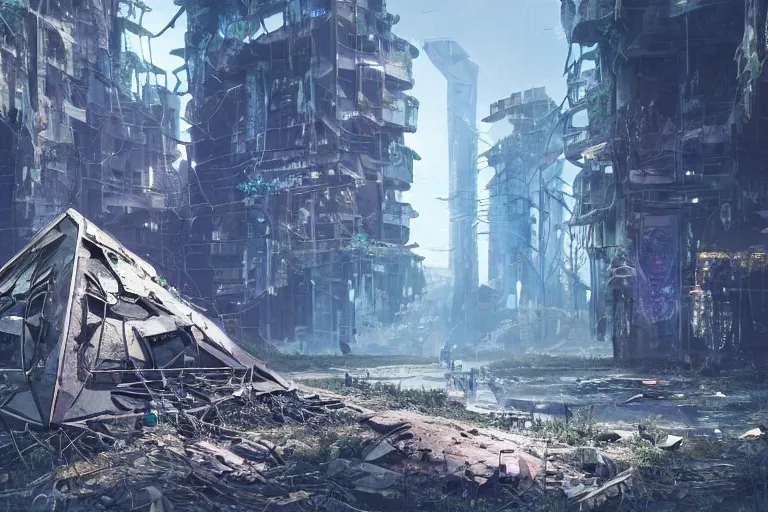 Image similar to a triangular portal structure made from crystals in the centre of an abandoned overgrown cyberpunk city, matte painting, unusual composition