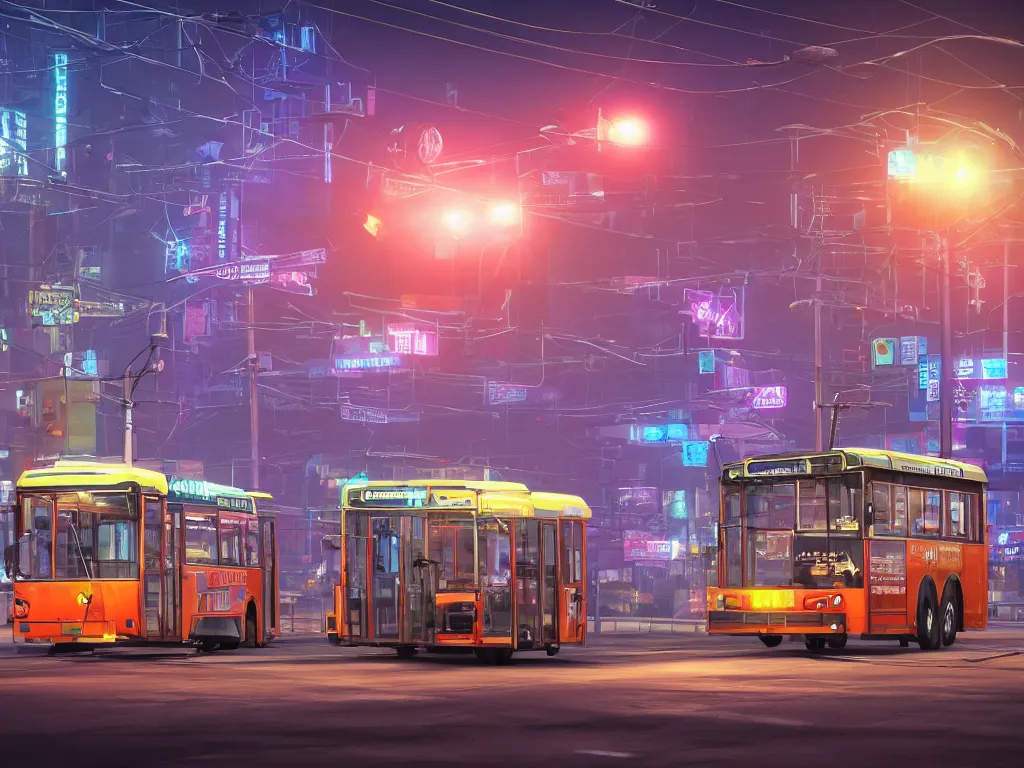 Image similar to trolleybus stands at a stop, headlights shine with neon light, atmospheric, futuristic, cyberpunk, ray tracing global illumination, 8 k resolution, ultra detailed