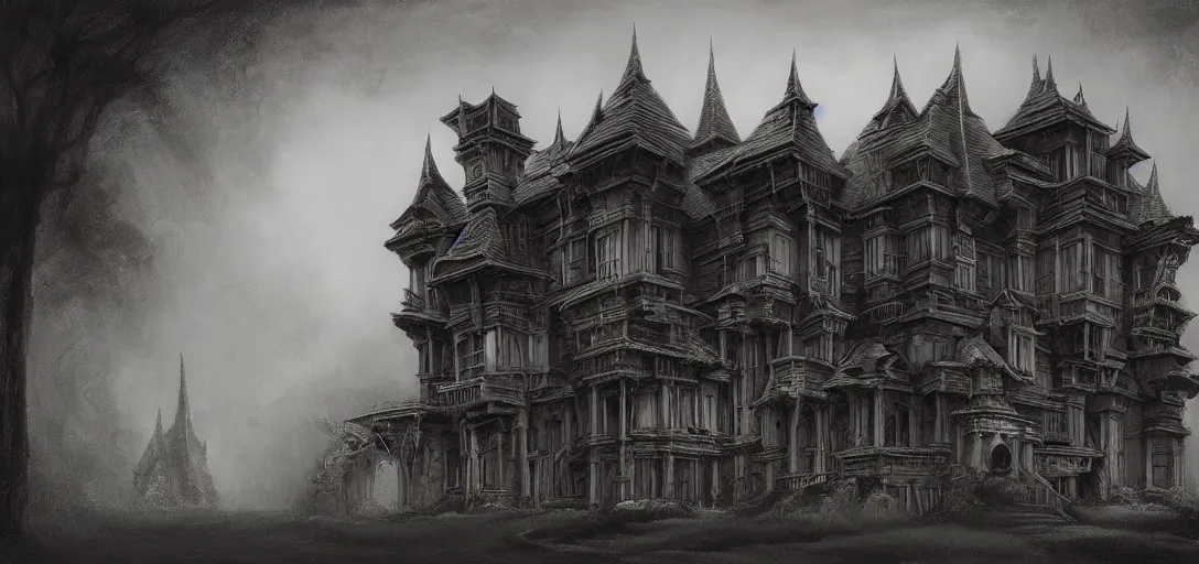 Image similar to A sinister, shadow-filled mansion in the style of Keith Thompson, christopher bretz and kael ngu and Zdzislaw Beksinski, Artstation HD, 8k, Surrealistic digital artwork, highly detailed, digital painting, HDRI, vivid colors, high contrast, 8k resolution, intricate, photorealistic, smooth