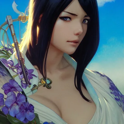 Image similar to highly detailed vfx portrait of nico robin by eiichiro oda, makoto shinkai, alphonse mucha, sharp focus, art by artgerm and greg rutkowski!, backlit, harsh overhead sunlight, blue eyes, stanley kybric, yusuke murata, hiroya oku, pixiv, fanbox,